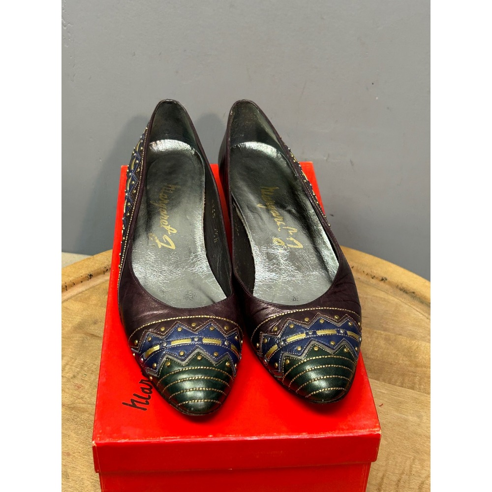 Margaret J Pumps Womens 7.5M Wine Combo Leather Studded Vintage 704 Geometric